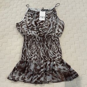 Zara Brown & White Animal-Print Sleeveless Smocked Dress